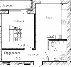 1-комнатную квартиру №53, 46,9 кв. м, на ул Генерала Круковского, 4, четвертый этаж
