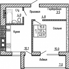 1-комнатная квартира №56, 40,9 кв. м, на ул Генерала Бакланова, 1, 3 подъезд 3 этаж, 3 подъезд южная сторона