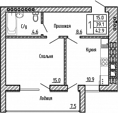 1-комнатная квартира №39, 42,9 кв. м, на ул Генерала Бакланова, 1, 2 подъезд 4 этаж, 2 подъезд южная сторона