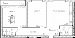 2-комнатную квартиру №63, 88,1 кв. м, на ул Генерала Круковского, 4, второй этаж