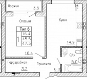 1-комнатную квартиру №19, 47,3 кв. м, на ул Генерала Круковского, 4, первый этаж